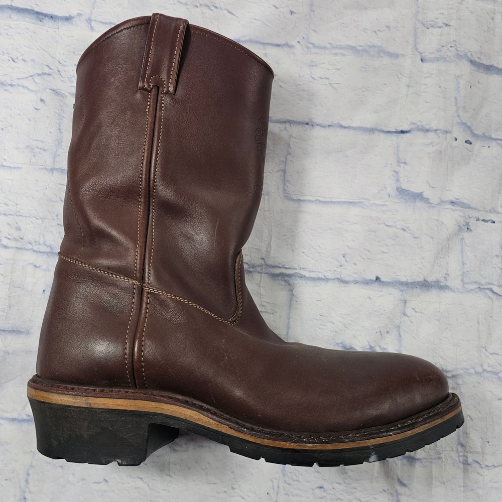 JH Hall Lineman Pull On Boots MENS 10 Brown Leather Western Work Lug Sole - Picture 7 of 14